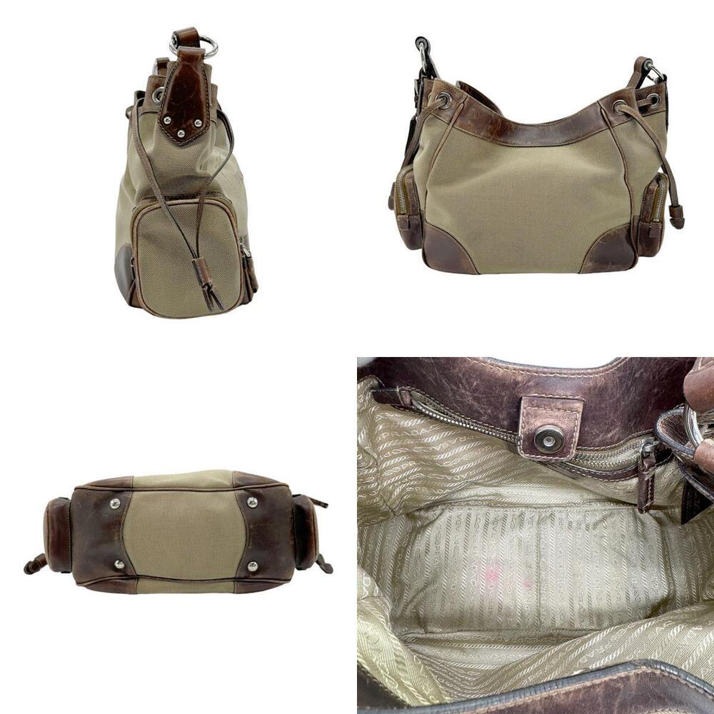 Prada Beige Leather Logo Brown Side Jacquard Pocket Bag Shoulder